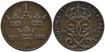 Швеция 1 эре 1934 Густав V (1907-1950) KM 777.2 бронза 201-1132