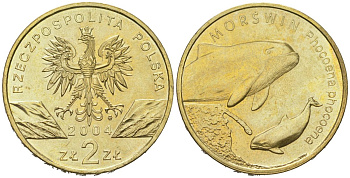 Польша 2 злотых 2004 MW, серия сохраним природу, морская свинья KM 464 нордик  UNC 4531-1244