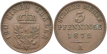 ПРУССИЯ 3 ПФЕННИГА 1872 А, ВИЛЬГЕЛЬМ I (1861-1888) KM 482 медь 117-1131