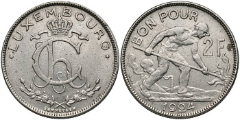 Люксембург 2 франка 1924 сталевар, Шарлотта (1919-1964) KM 36 никель 00-00