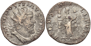 Римская Империя (императоры в Галлии) антониниан 260 - 269 Постум. IMP C POSTVMVS P F AVG / FIDES MILITVM, Фидея, персонификация Верности, с боевыми штандартами, Колония Агриппины, Very fine RIC 59 биллон 1073-12-56