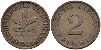 ФРГ 2 пфеннига 1964 J J.381  KM 106 бронза    4598-736