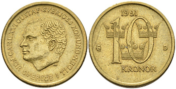 Швеция 10 крон 1991 D, Карл XVI Густав (1973- ) KM 877 медь алюминий цинк 4592-143