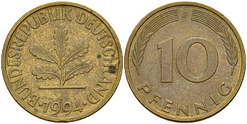 ФРГ 10 пфеннигов 1994 J J. 383, KM 108 сталь плакированная латунью    4603-714