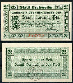 Германия, Эшвайлер 25 пфеннигов 1918 нотгельд, 1.12.1918 бумага UNC (пресс) 8614-47-1-1