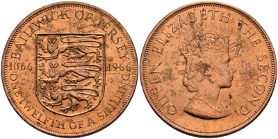 Джерси 1/12 шиллинга 1966 900 лет Нормандскому завоеванию KM 26 бронза UNC 4512-331