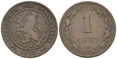 Нидерланды 1 цент 1878 Виллем III (1849-1890) KM 107 бронза 4154-228