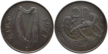 Ирландия 2 пенса 1971 виньетка в виде стилизованной птицы из второй библии Карла II лысого KM 21 бронза 4171-225
