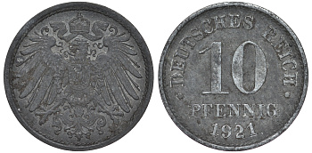 ГЕРМАНИЯ 10 ПФЕННИГОВ 1921 KM 26, J. 299 цинк 45-723