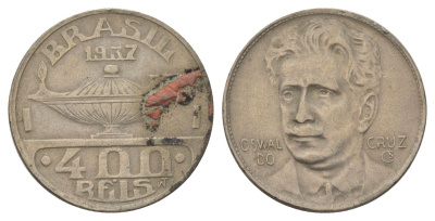 Бразилия 400 реалов 1937 Освалду Крус KM 539 медно-никель 4624-1236