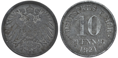 ГЕРМАНИЯ 10 ПФЕННИГОВ 1921 KM 26, J. 299 цинк 45-723