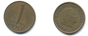 НИДЕРЛАНДЫ 1 ЦЕНТ 1968 ЮЛИАНА KM 180 бронза 83-939