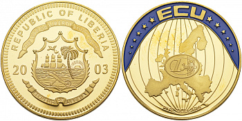 ЛИБЕРИЯ 5 ДОЛЛАРОВ 2003 ЭКЮ, ЗОНА ЕВРО, ПОЗОЛОТА, ЦВЕТНАЯ ЭМАЛЬ медно-никель PROOF 02-015-42