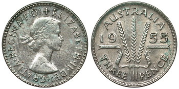 Австралия 3 пенса 1955 m, Елизавета II (1952-2022) KM 57 серебро 71-446