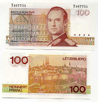 Люксембург 100 франков 1993 великий герцог Жак, вид города, серия T Pick 58 b бумага UNC (пресс) 450-62-2