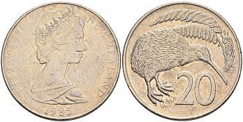 Новая Зеландия 20 центов 1985 Елизавета II (1952-2022), птичка киви KM 36.1 медно-никель 4131-1143