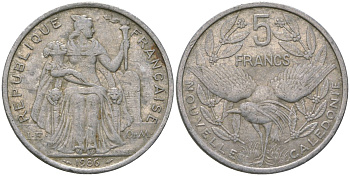 Французская Новая Каледония 5 франков 1986 птица кагу, (IEOM) KM 16, Schoen 12, Lec 76 алюминий 180-434