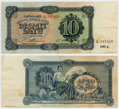 Латвия 10 латов 1933 серия A Pick 25 a  бумага 00-000