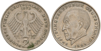 ФРГ 2 марки 1973 G, Конрад Аденауэр KM 124, J. 406 медно-никель 4159-1227