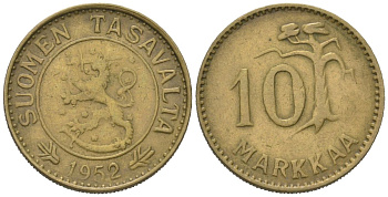 Финляндия 10 марок 1952 H, первый год чекана KM 39 алюминиевая бронза 218-1135