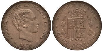 ИСПАНИЯ 5 СЕНТИМО 1879 OM АЛЬФОНСО XII KM 674 бронза UNC 1522-233