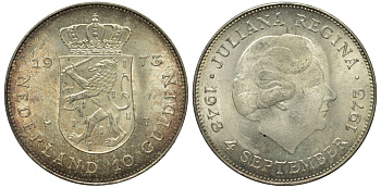 Нидерланды 10 гульденов 1973 25 лет правления королевы Юлианы KM 196 серебро 443-114