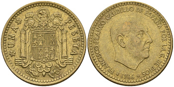 Испания 1 песета 1966 (75) Франсиско Франко (1939-1975) KM 796 алюминиевая бронза 4604-144