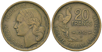 Франция 20 франков 1950 B KM?916, Le Franc 401 медь алюминий 4582-244