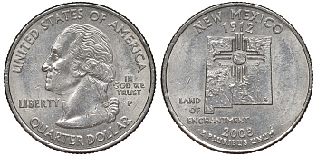 США 25 центов = квотер 2008 P, серия штаты США, Нью-Мексико KM 422 медь плакированная медно-никелем 4525-417