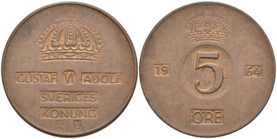 Швеция 5 эре 1964 U, Густав VI Адольф (1950-1973) KM 822 бронза 4557-821