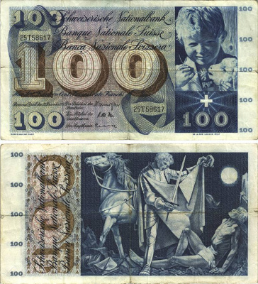 Швейцария 100 франков 1961 21 декабря 1961, серия 25 T, подпись 41 Pick 49 d бумага 8606-18-2-2