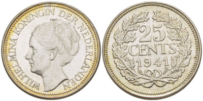 Нидерланды 25 центов 1941 Вильгельмина (1890-1948) KM 164 серебро aUNC 66-1144