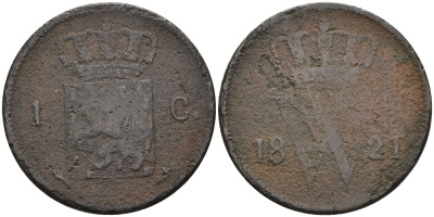 Нидерланды 1 цент 1821 Виллем I KM 47 медь 4595-323