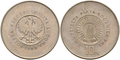 Польша 10 злотых 1969 MW, 25 лет с момента образования Польской Народной Республики KM 61 медно-никель  UNC  4161-1124