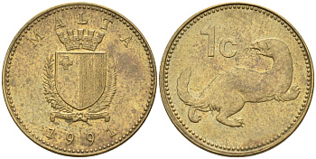 Мальта 1 цент 1991 ласка, горностай KM 93 никель латунь 4585-1165