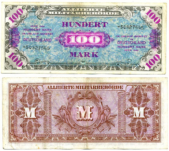 Германия, оккупация союзниками 100 марок 1944 8 цифр, без кода, выпуск СССР Pick 197 d, Розенберг 206 d бумага 7207-37-3