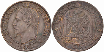 ФРАНЦИЯ 5 САНТИМОВ 1864 A, НАПОЛЕОН III (1852-1870) KM 797.1, LE FRANC 117.11 бронза 108-547