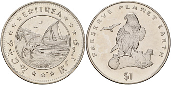 Эритрея 1 доллар 1996 берегите планету Земля, Средиземноморский сокол KM 37 медно-никель UNC 4125-914
