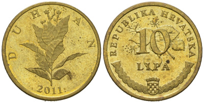 Хорватия 10 липа 2011 нечетный год KM 6 сталь плакированная латунью UNC 4621-369