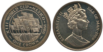 Остров Мэн 1 крона 1986 чемпионат мира по футболу 1986 года в Мексике, флаги стран участников KM 165 медно-никель UNC 1078-1-53
