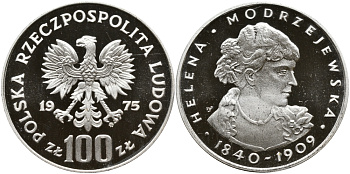 Польша 100 злотых 1975 MW, Хелена Моджеевская (1840-1909) KM 78, Parchimowicz 272 серебро PROOF 441-515