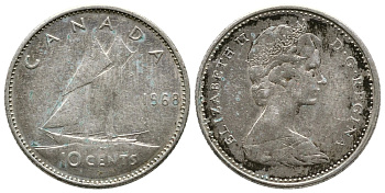 Канада 10 центов 1968 Елизавета II (1952-2022), парусник KM 73 никель 179-1068