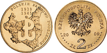 Польша 2 злотых 2009 MW, 70-я годовщина создания польского подпольного государства KM 707 нордик UNC 4676-621