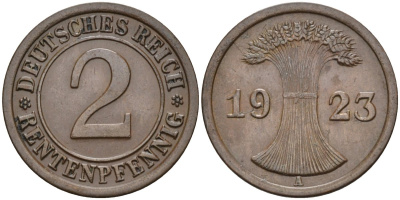 Германия 2 рентенпфеннига 1923 A KM 31, J.307, Weege 3 медь 4584-553