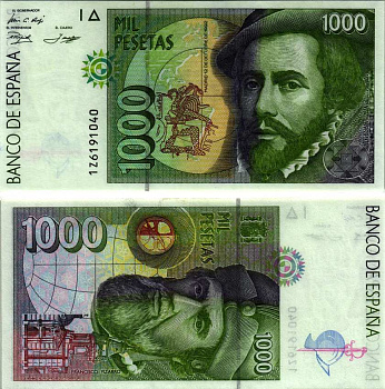 ИСПАНИЯ 1000 ПЕСЕТ 1996 12 ОКТЯБРЯ 1992, ГЕРМАН КОРТЕС, ФРАНСИСКО ПИСАРРО Pick 163 бумага UNC (ПРЕСС) 6293-38-4-1