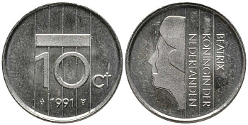 НИДЕРЛАНДЫ 10 ЦЕНТОВ 1991 БЕАТРИКС KM 203 никель 112-743