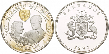 Барбадос 1 доллар 1997 золотая свадьба королевы Елизаветы и принца Филиппа, позолота KM 64 серебро PROOF 02-117-47