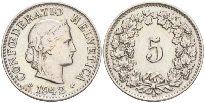 ШВЕЙЦАРИЯ 5 РАППЕНОВ 1942 В KM 26 медно-никель 4528-1269
