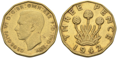 Великобритания 3 пенса 1942 Георг VI (1936-1952) KM 849, Spink 4112 никель латунь 4592-354