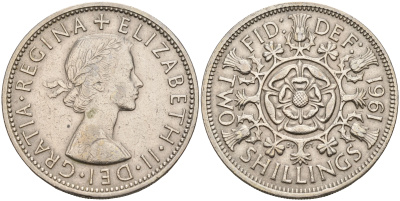 Великобритания 2 шиллинга (флорин) 1961 Елизавета II (1952-2022) KM 906, Spink 4146 медно-никель    4149-441